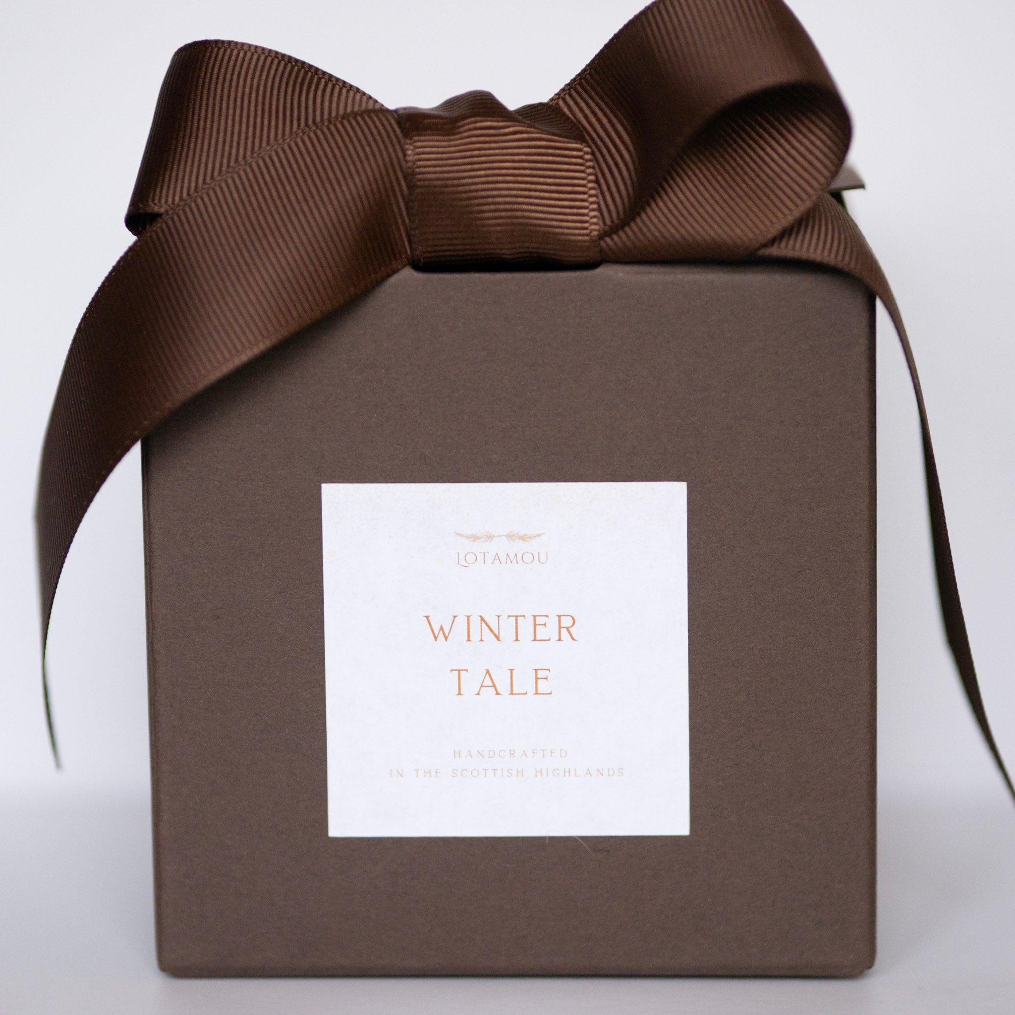 Brown gift box with a brown ribbon and 'Winter Tale' label on a white background