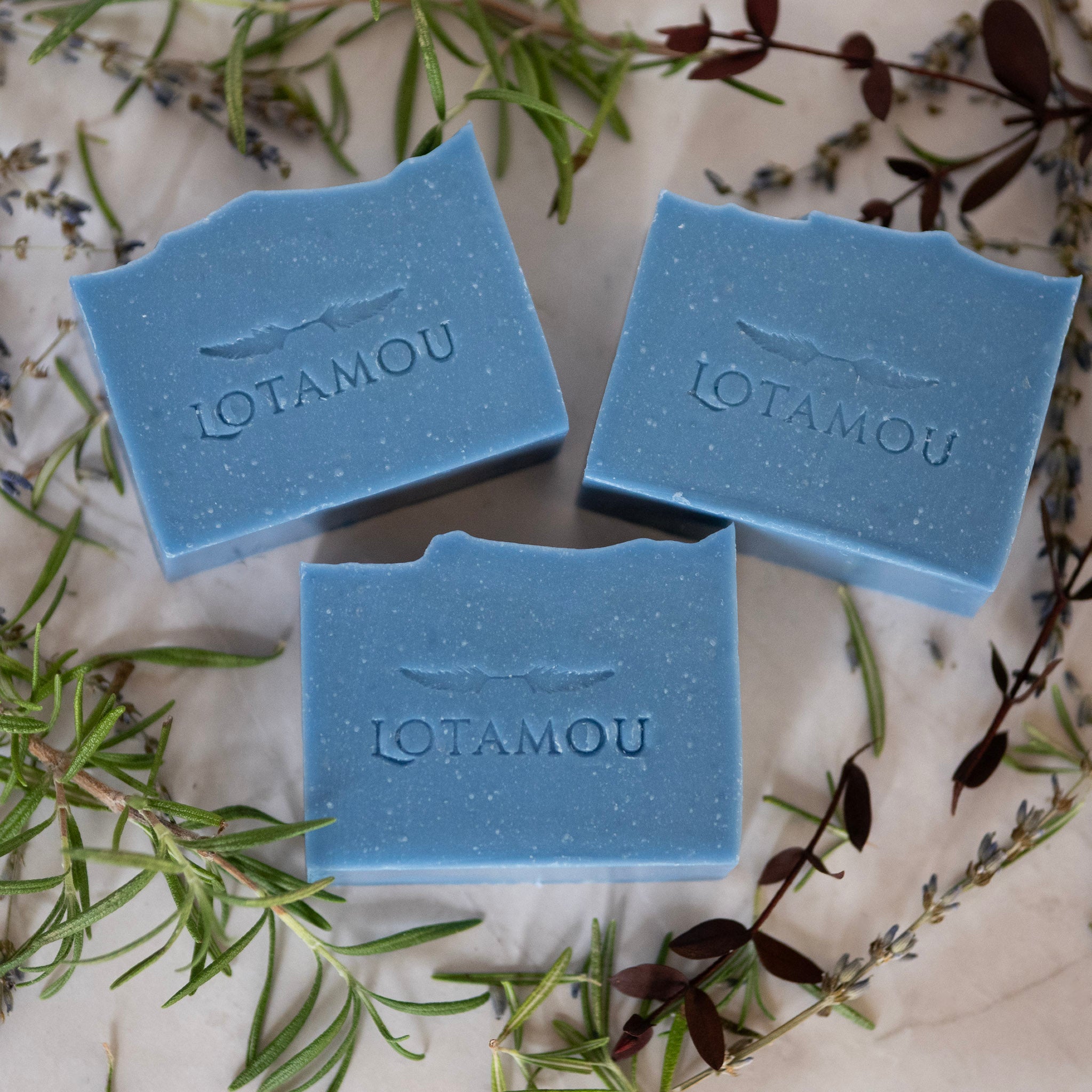 Three blue soap bars with 'LOTAMOU' branding on a surface with greenery.