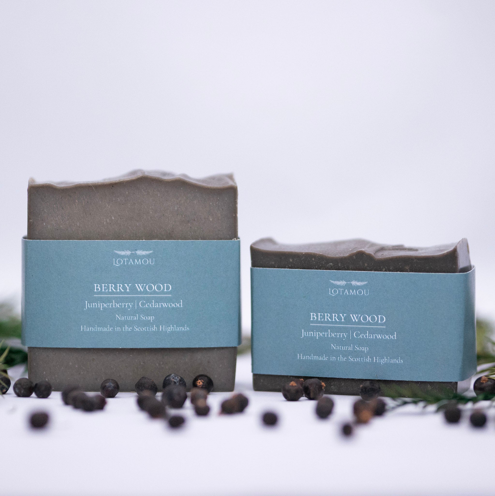 Two bars of 'Berry Wood' soap with packaging on a white background