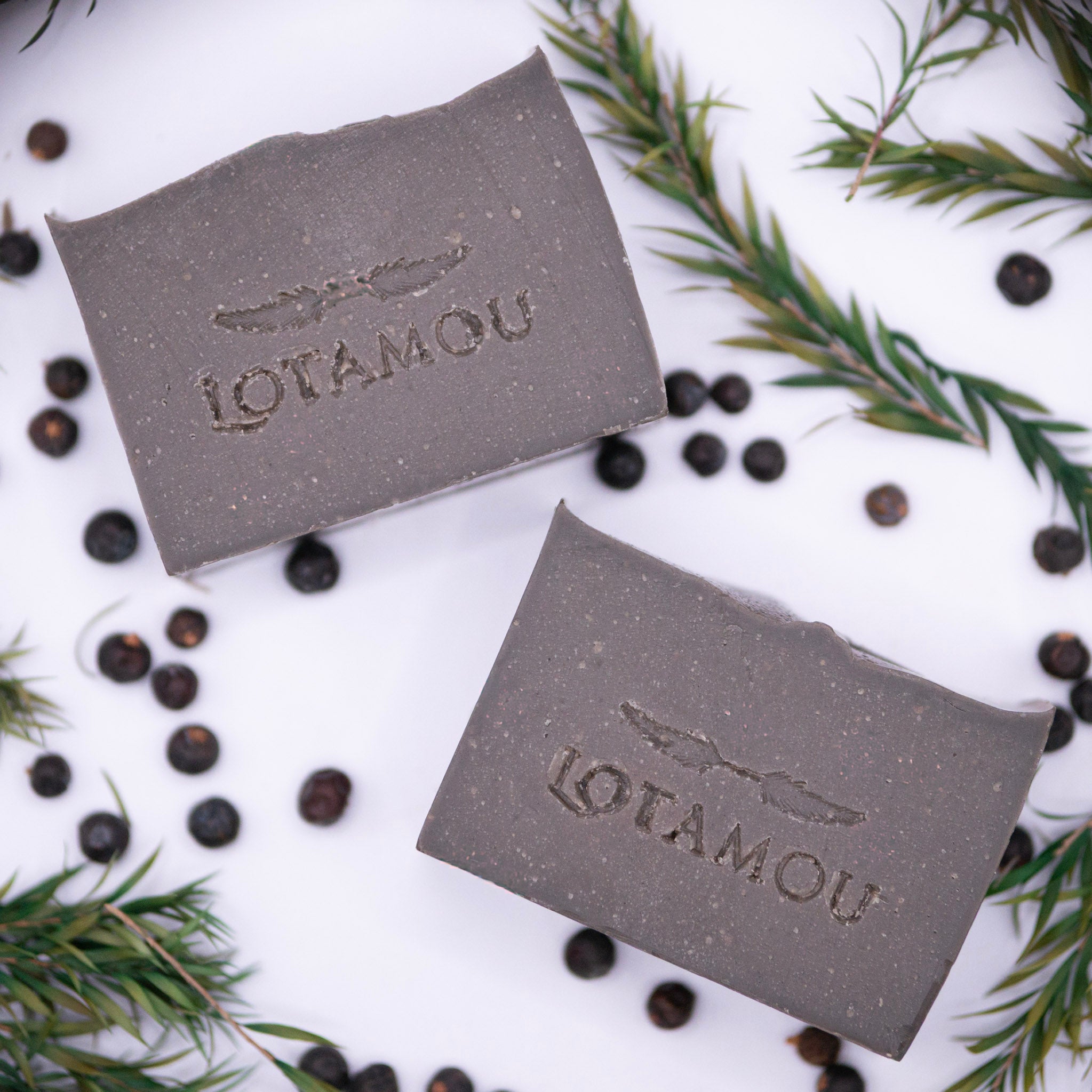 Two bars of Lotamou soap on a white background with black berries and green leaves.