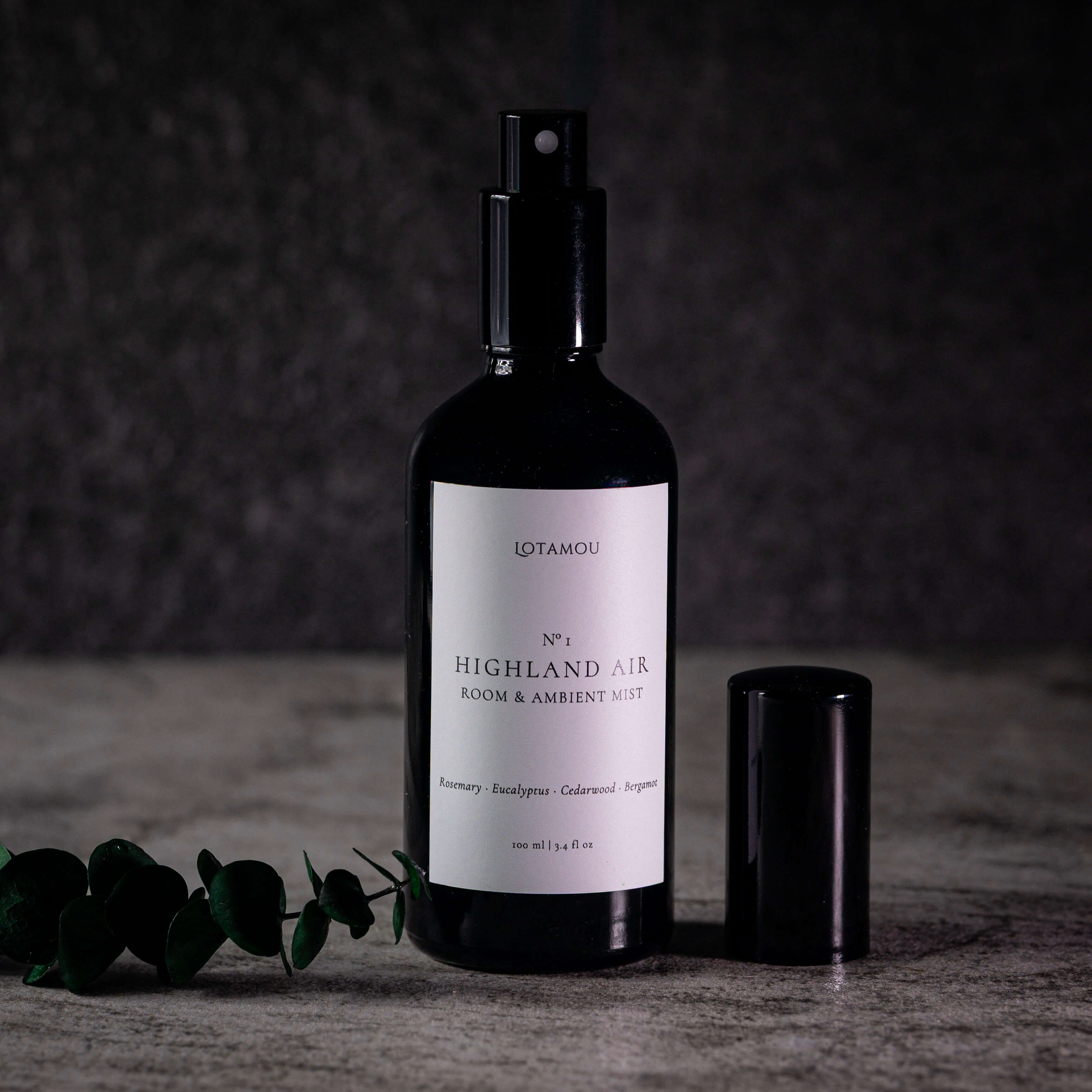 A dark glass room and ambient mist spray bottle with a white label reading 'OTAMOU No.1 Highland Air', shown on a textured gray surface with its black cap beside it and a small green sprig in the foreground.