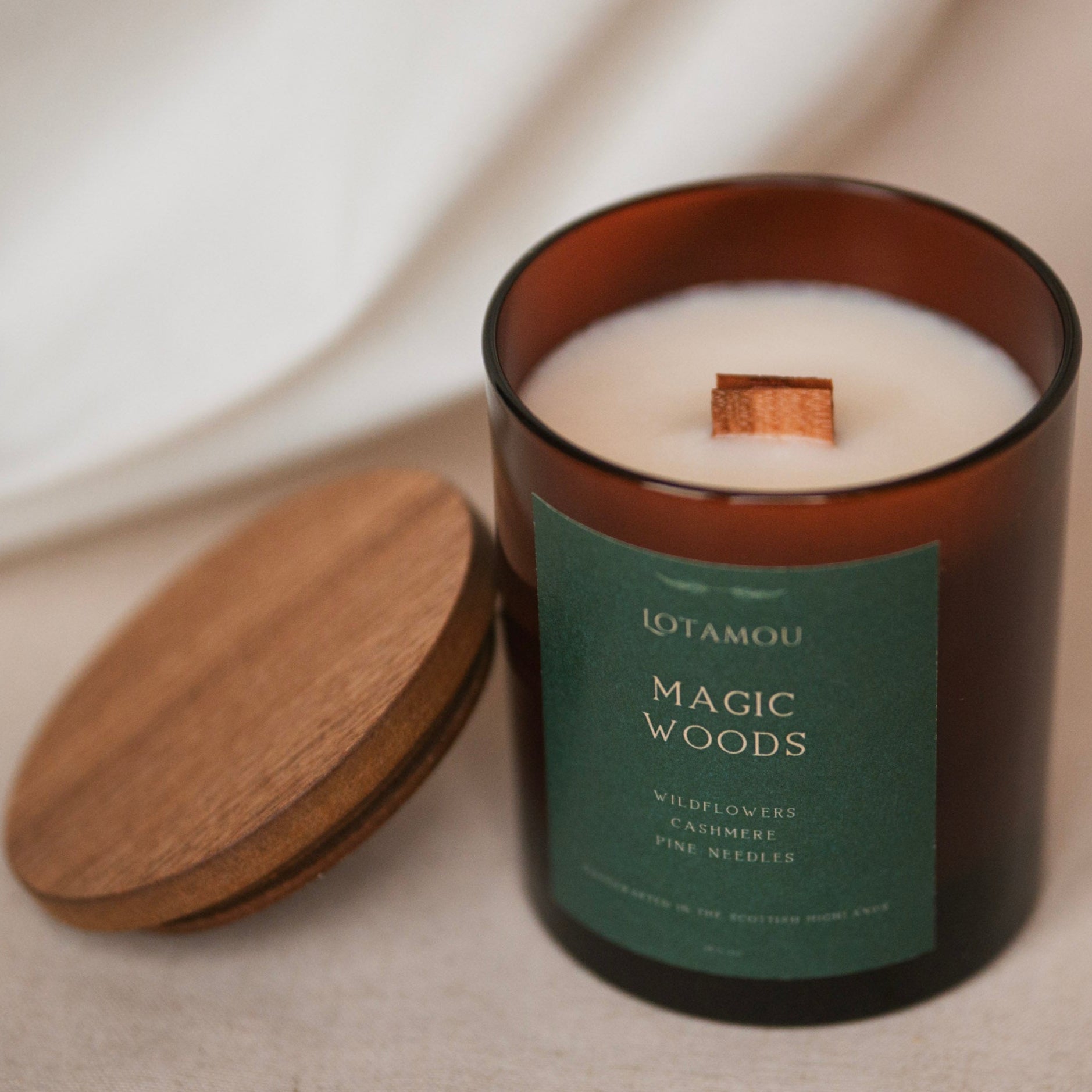 Natural soy candle, scented with the fragrance of Enchanted Forest. Wooden wick and silicone-free lid.